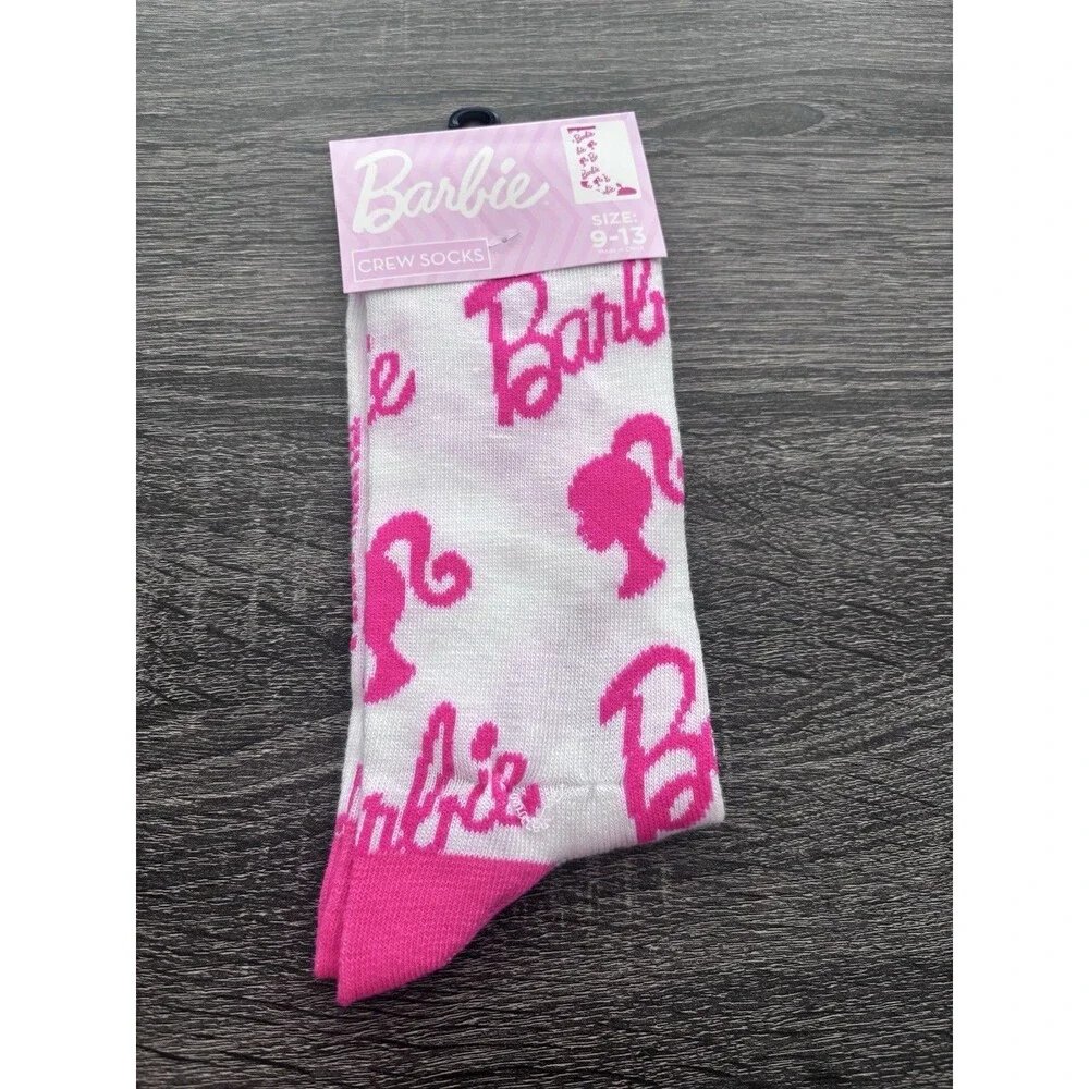 Barbie Girls Crew Socks Size 9-13 White/Pink Logo Pattern 1 Pair